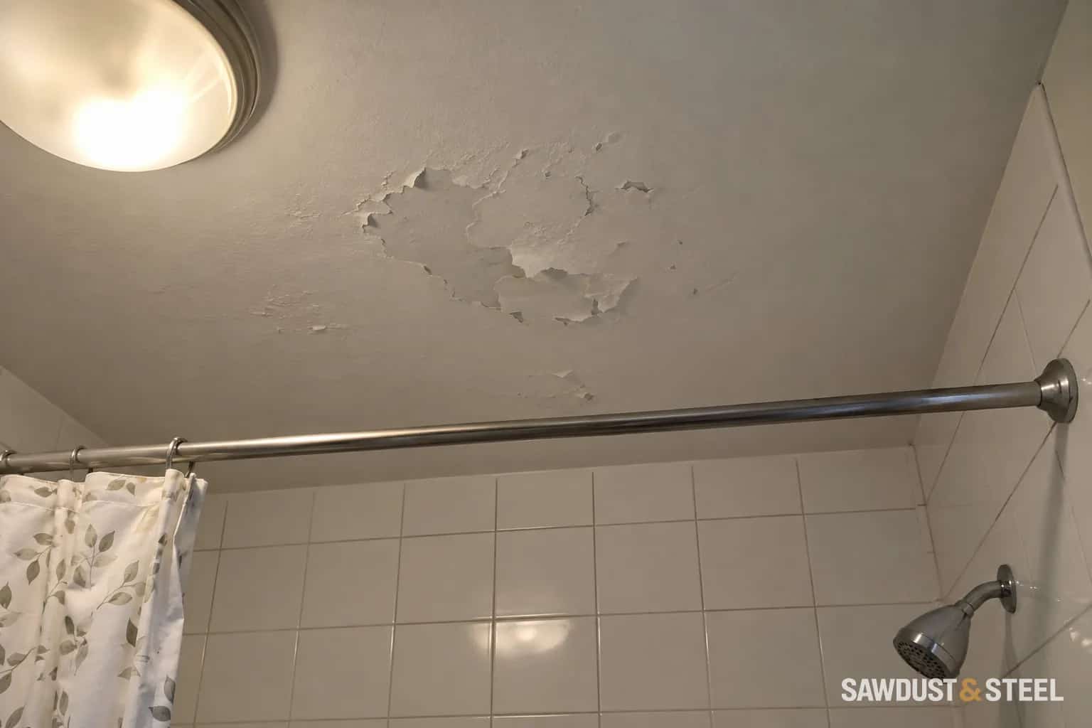 Localized peeling white paint on a bathroom ceiling above the shower.