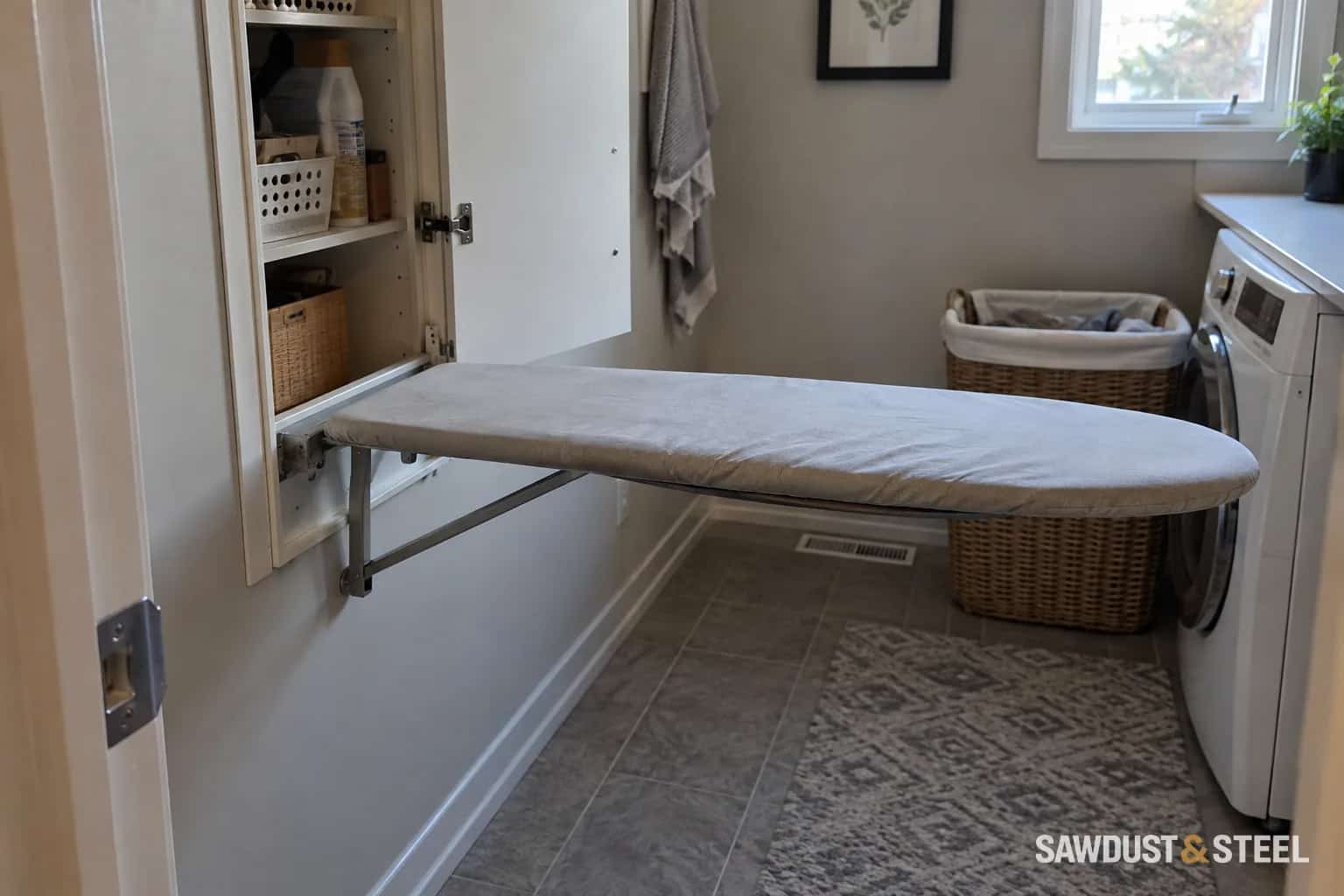 Open laundry cupboard containing bottles and baskets above an unfolded ironing board.