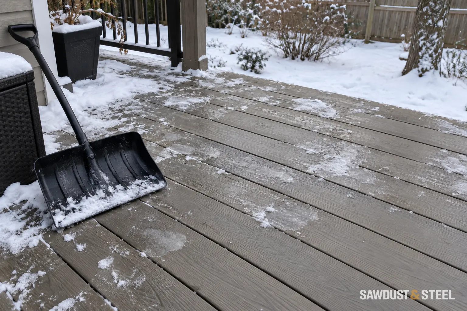 Plastic snow shovel resting beside patches of snow and ice on composite deck boards.