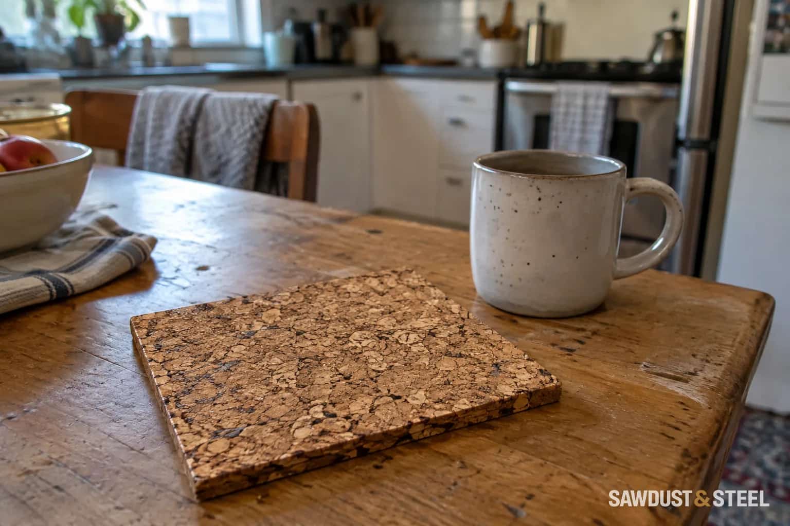 Granular cork flooring sample on a kitchen table.