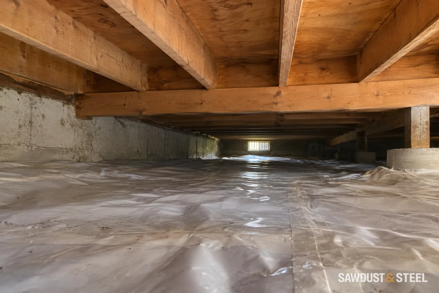 Low crawl space with exposed floor joists, concrete walls and plastic ground covering.