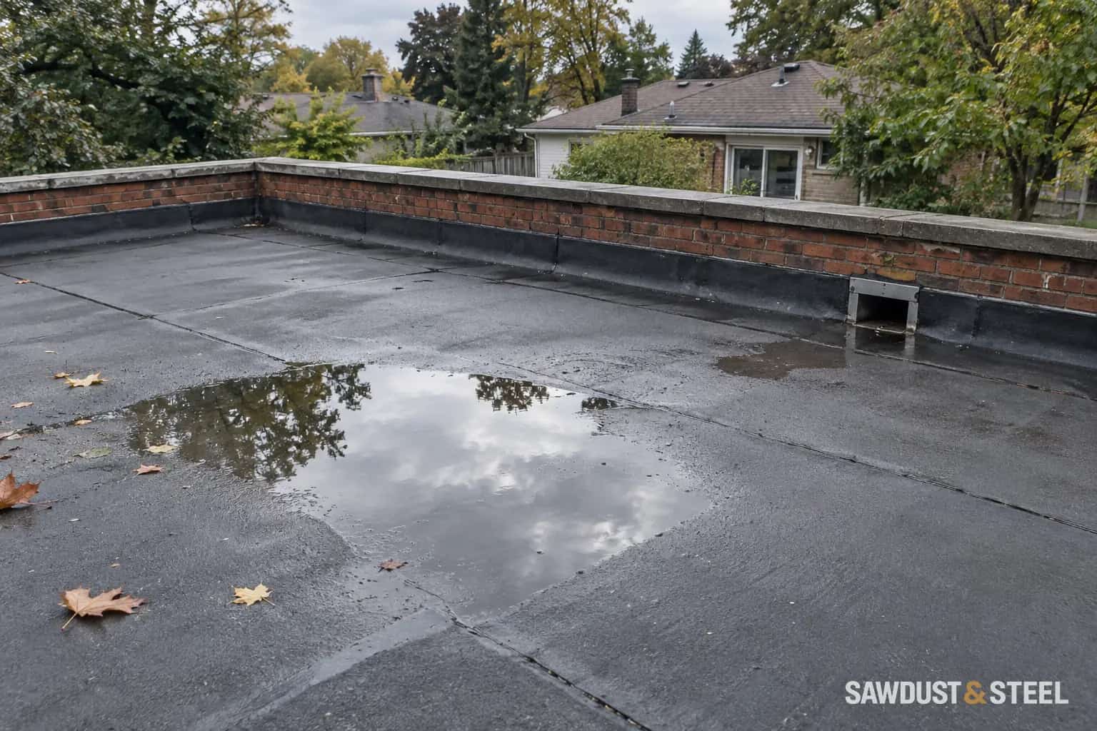 Shallow standing water on a low-slope membrane roof beside a brick parapet and scupper outlet.