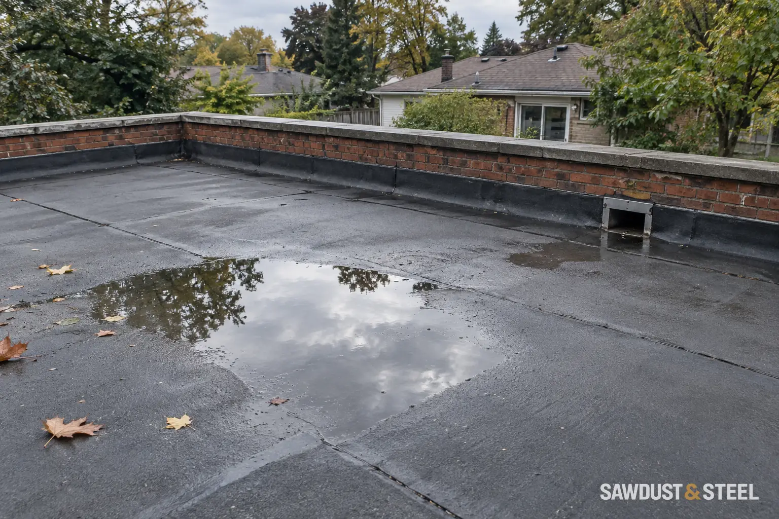 Shallow standing water on a low-slope membrane roof beside a brick parapet and scupper outlet.