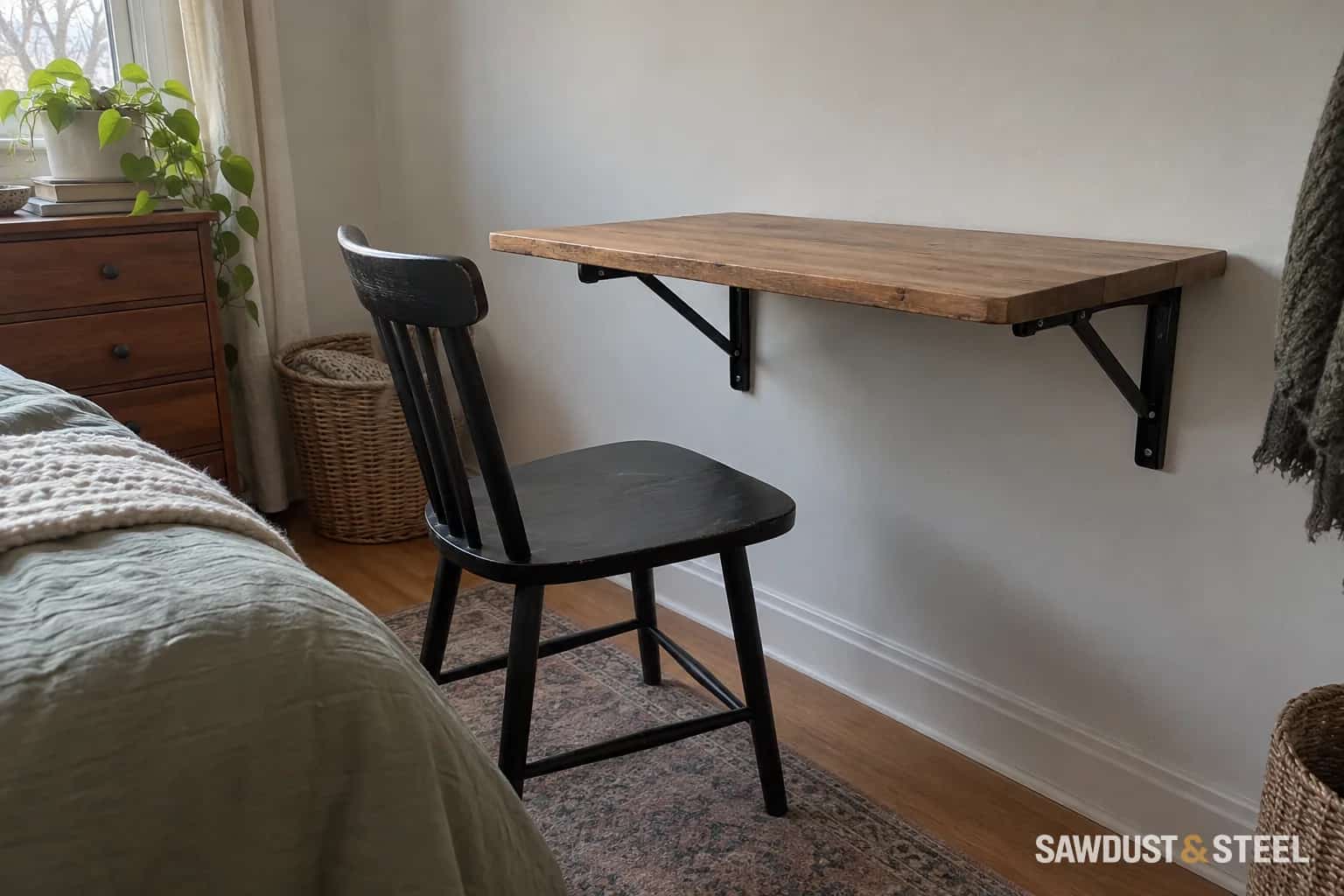 Wooden desktop supported by two black folding brackets beside a bedroom chair.