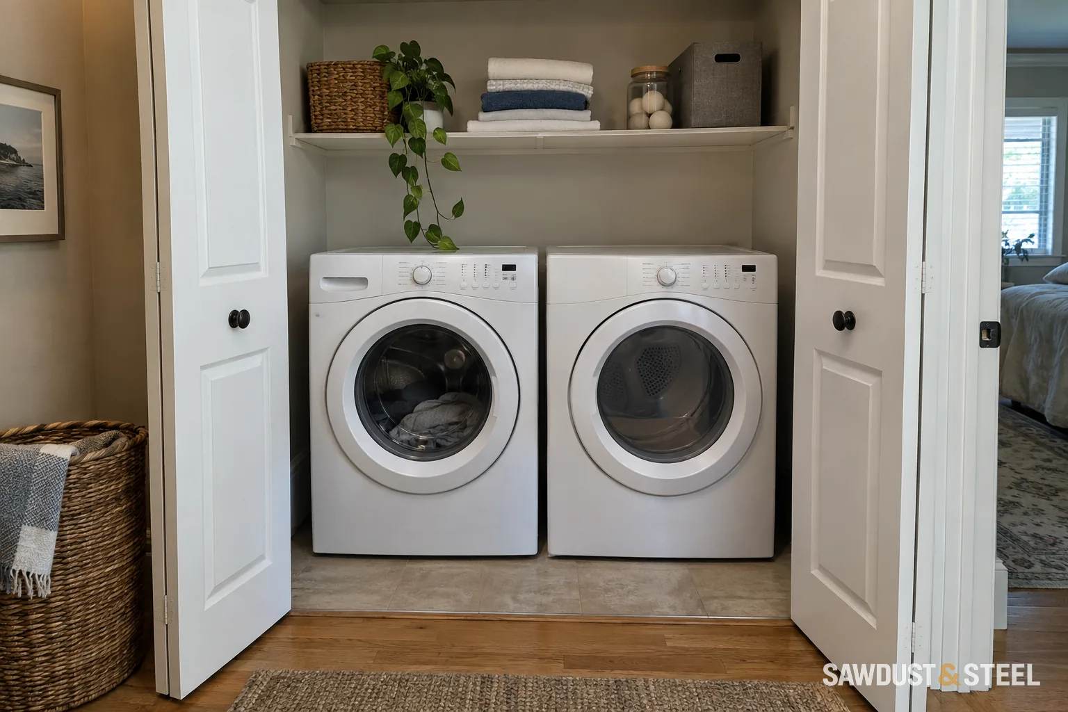 Washer and dryer side by side inside an open laundry closet.
