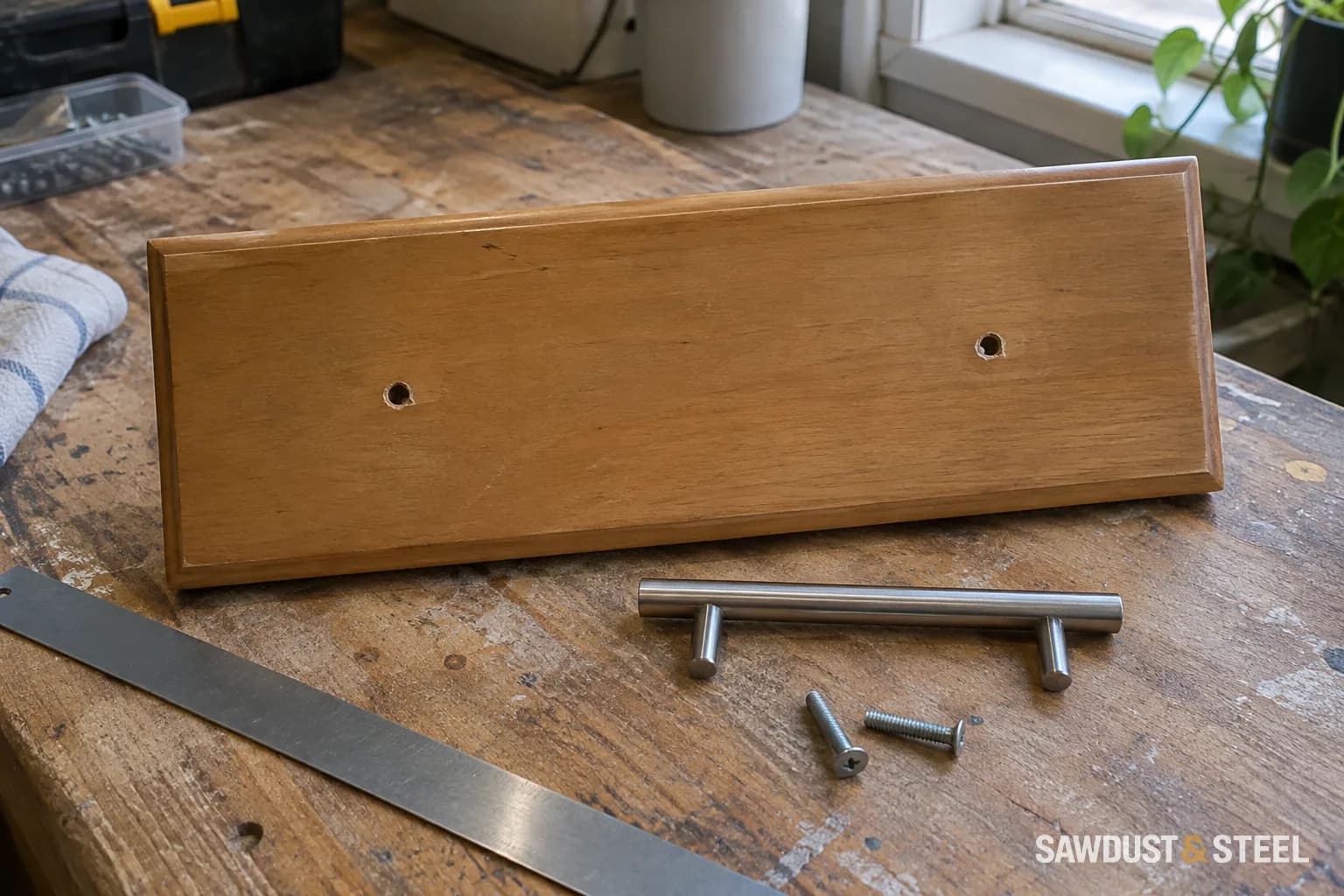 Detached bar pull and screws beside two holes in a timber drawer front