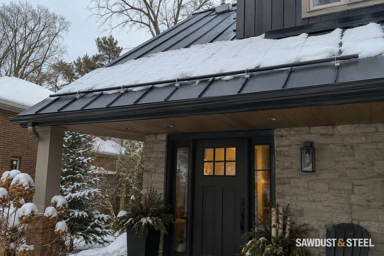 Snow retained above a metal snow rail on a standing-seam roof over an entrance.