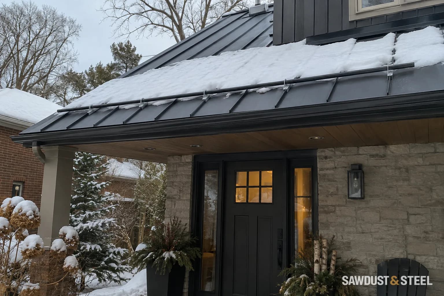 Snow retained above a metal snow rail on a standing-seam roof over an entrance.