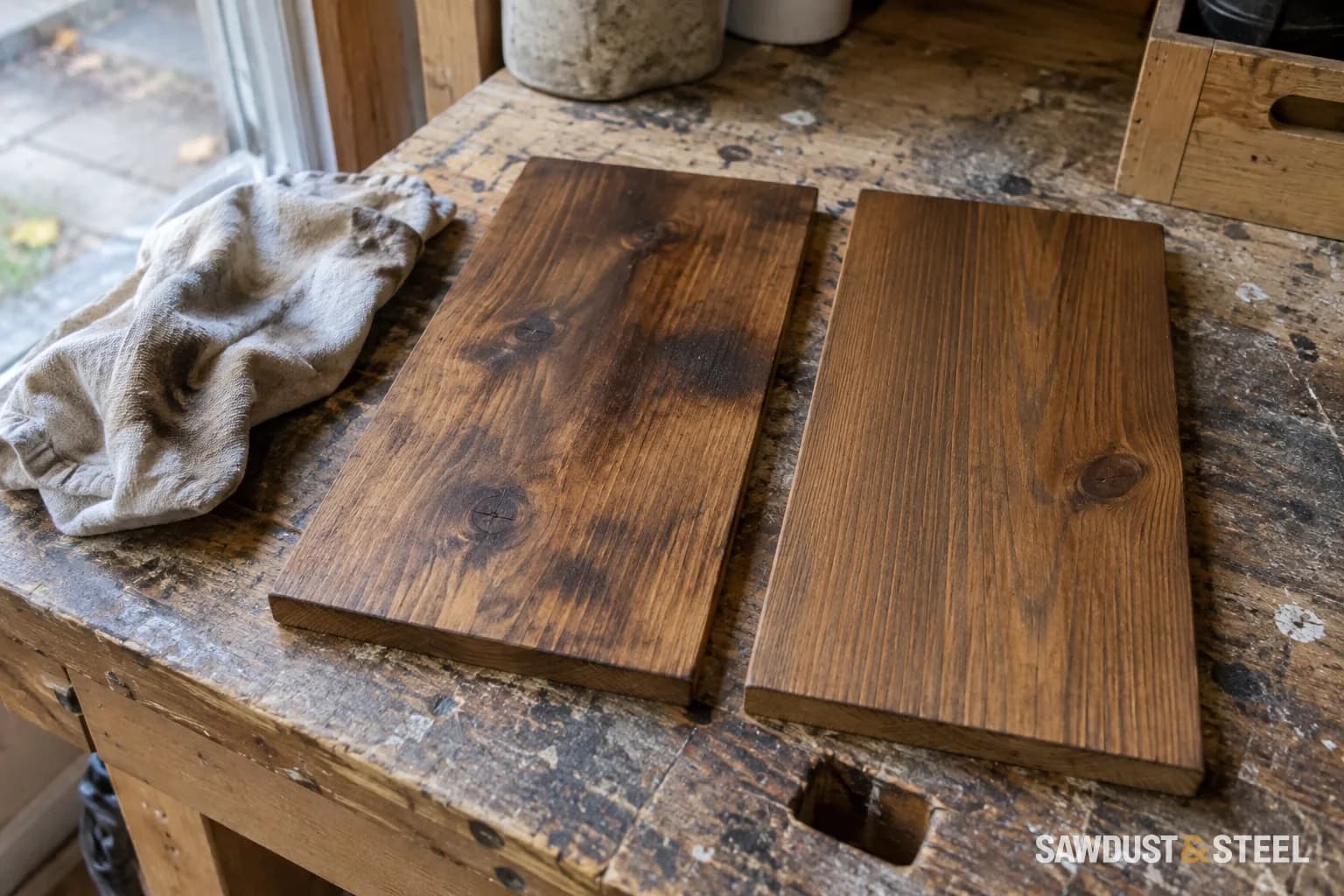 Two stained pine boards show uneven and more even colour on a workbench.