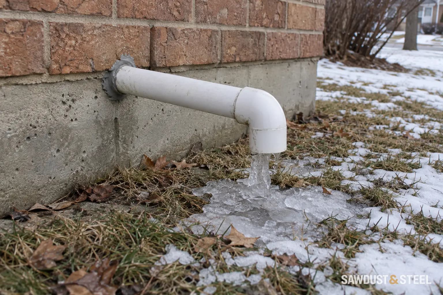 Ice beneath an exterior discharge-pipe outlet beside a brick foundation in winter.