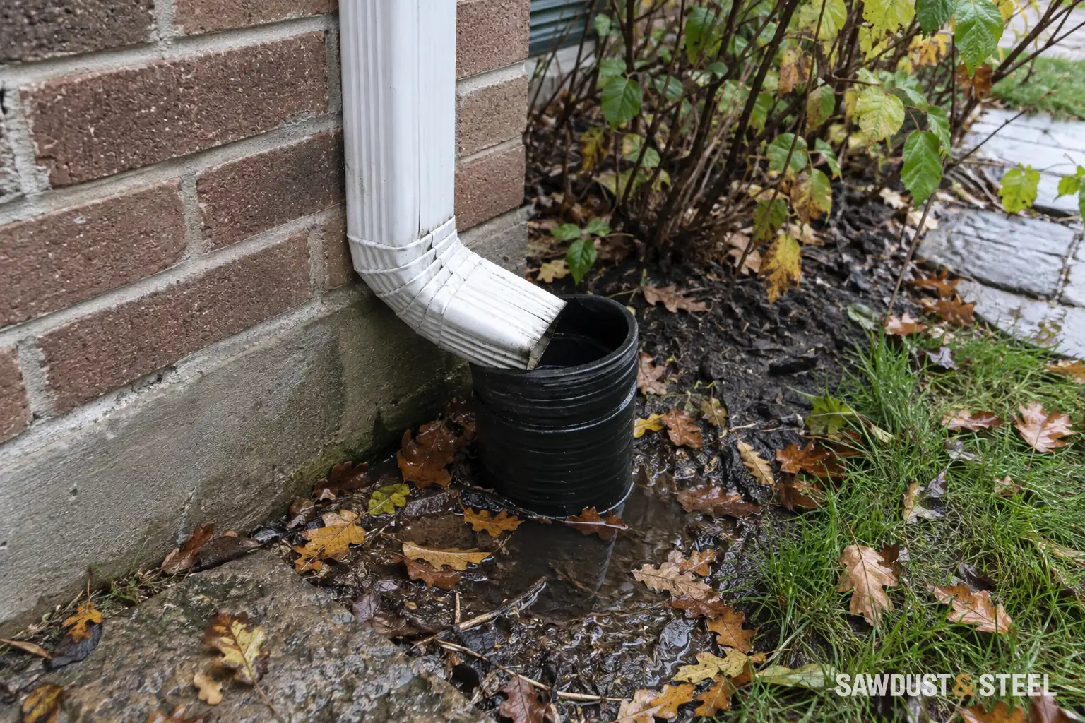 Downspout entering an underground drainage pipe beside wet soil and leaves.