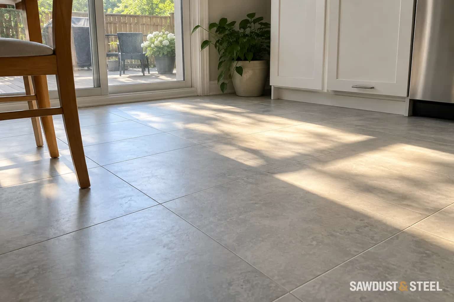 Sunlight through a patio door crossing a pale stone-look kitchen floor.