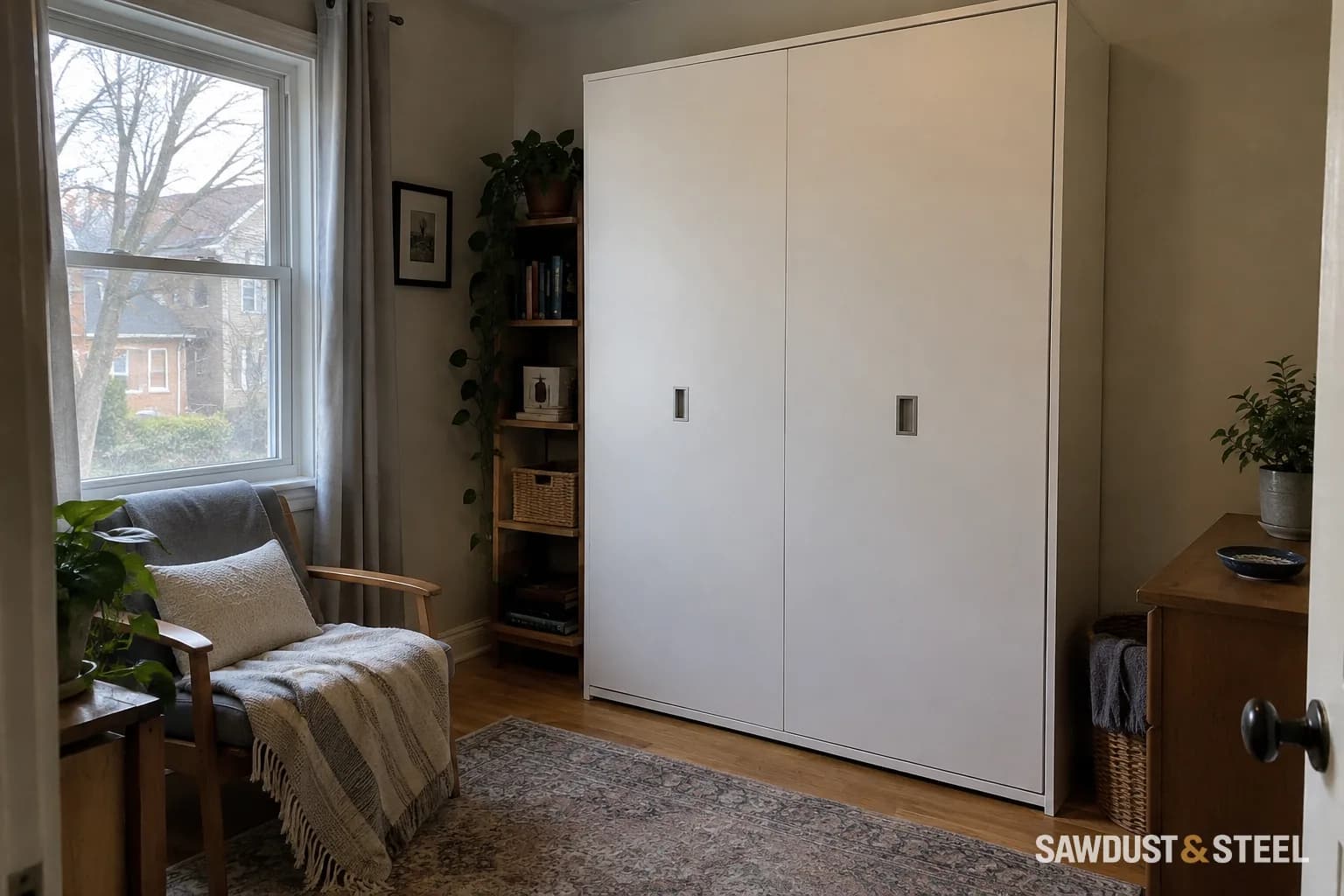 Closed white wall-bed cabinet in a furnished spare bedroom.