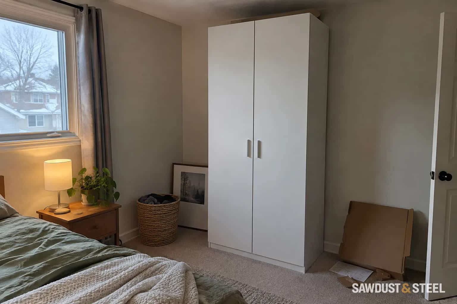 Tall white wardrobe with a narrow gap below a bedroom ceiling.