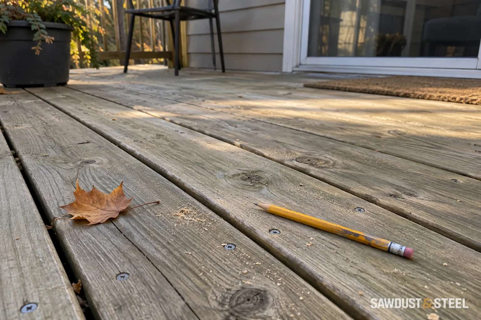 Weathered timber deck boards with narrow gaps, a pencil, sawdust and a dry maple leaf