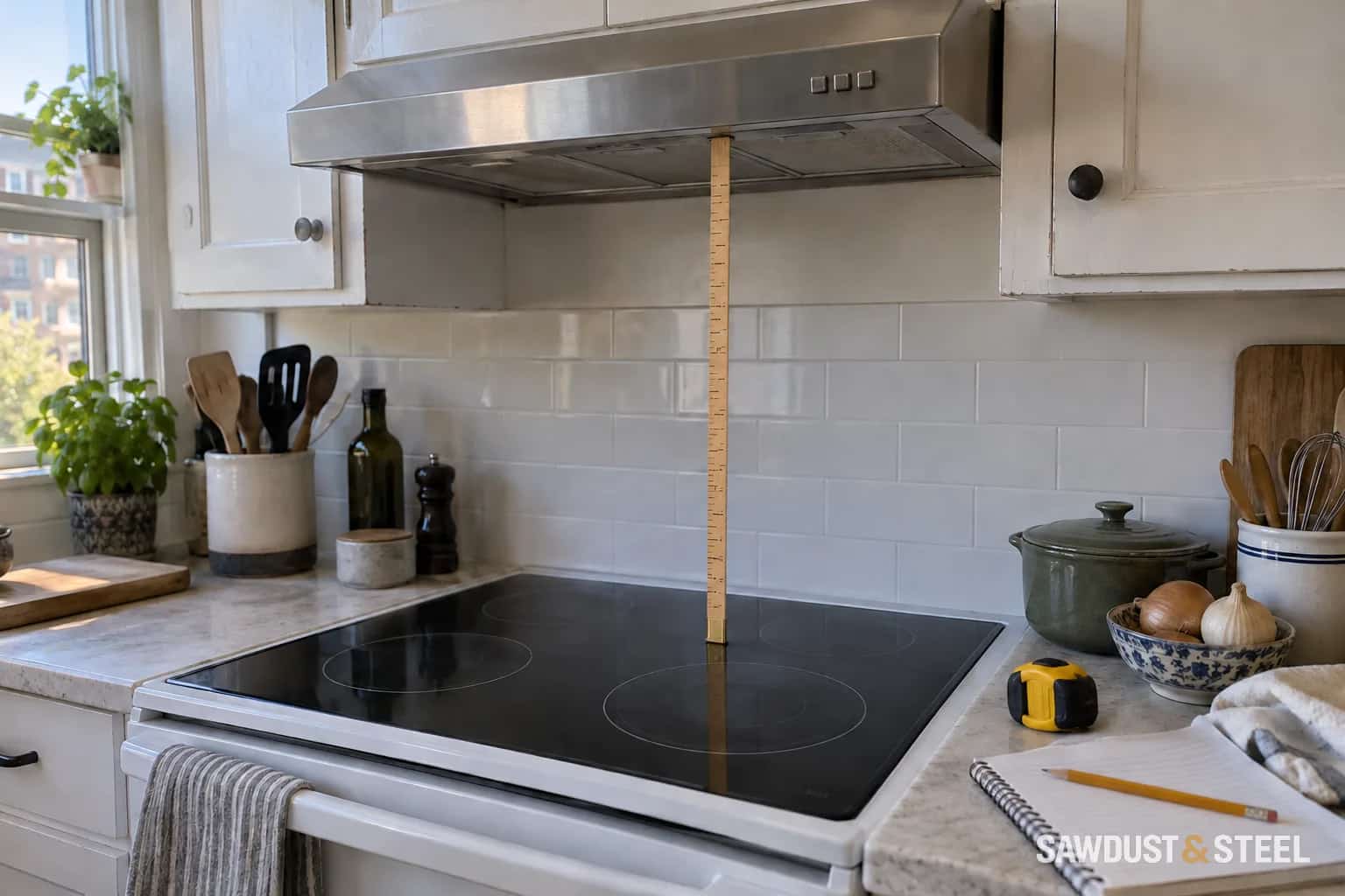 Measuring stick between a cold electric cooktop and an under-cabinet range hood