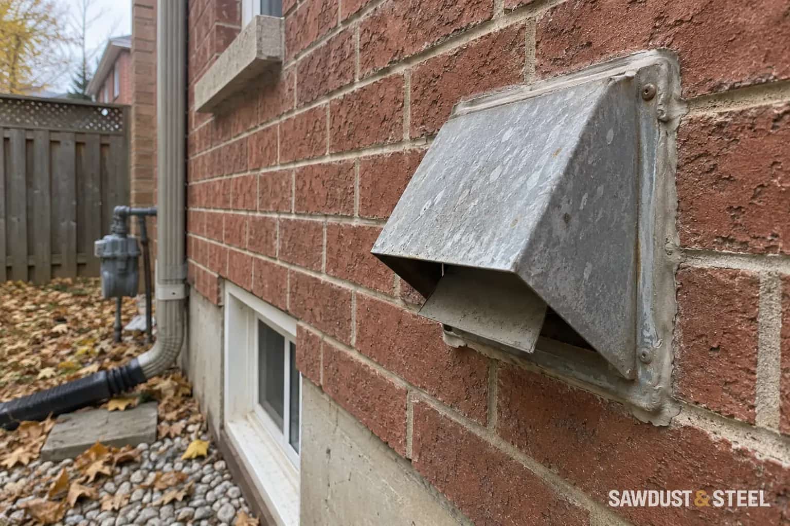 A weathered metal exhaust cap and damper on a red brick wall above a basement window