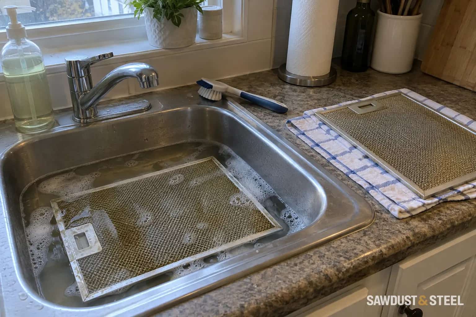 Two metal mesh range hood filters beside a kitchen sink, with one soaking in soapy water