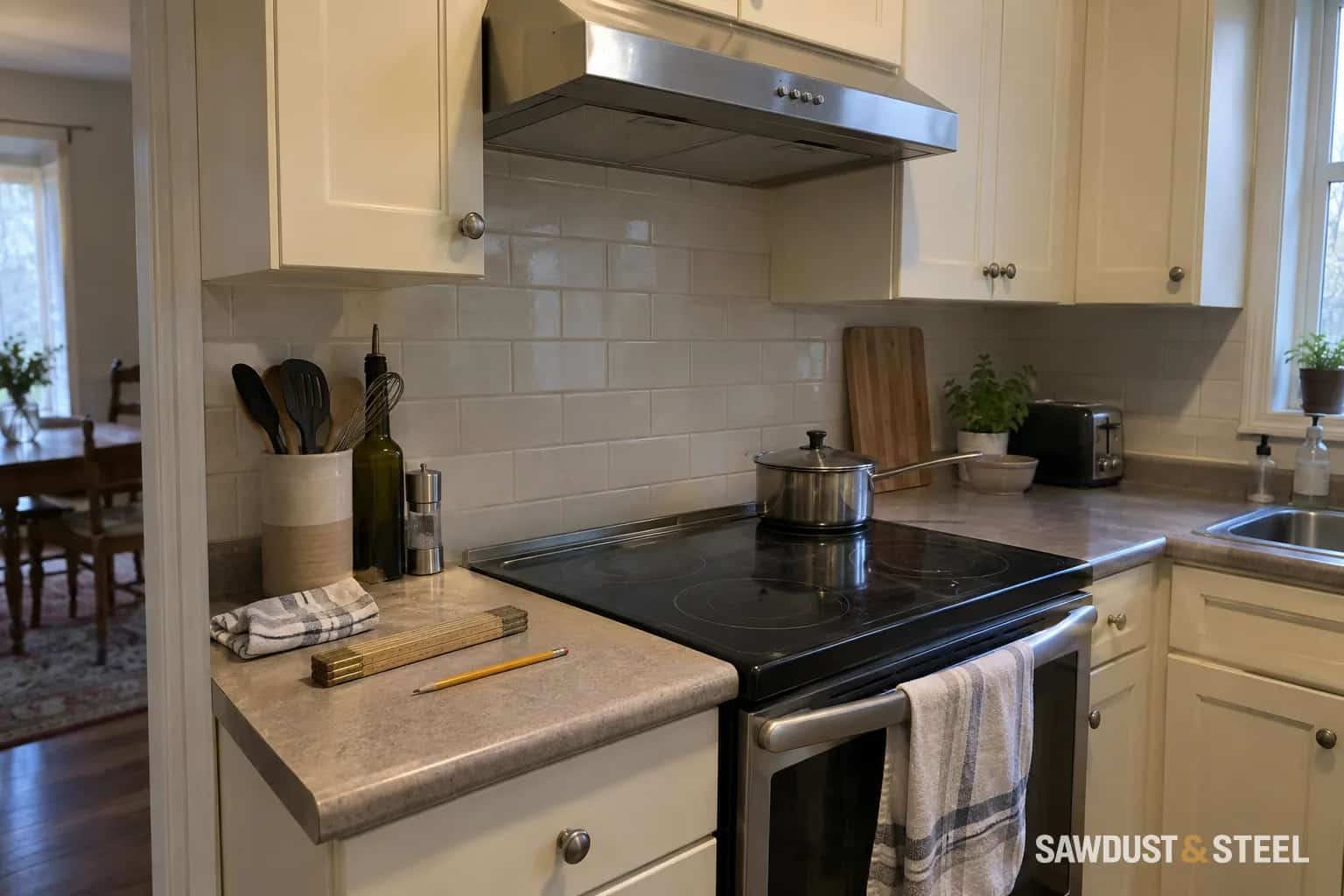 A stainless range hood above an electric stove in a cream kitchen, with a folding ruler on the counter