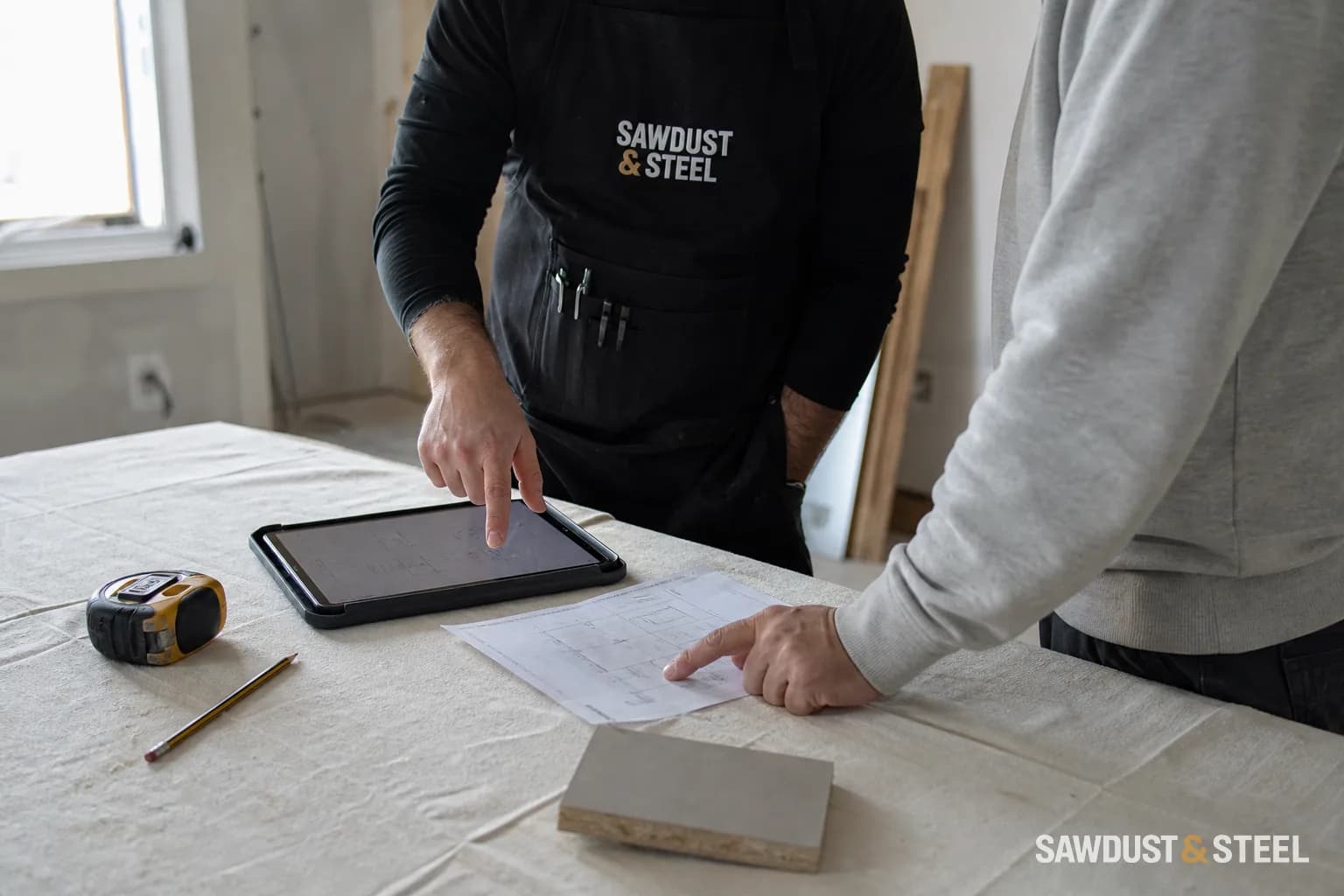 Two people reviewing drawings and a tablet on a covered table