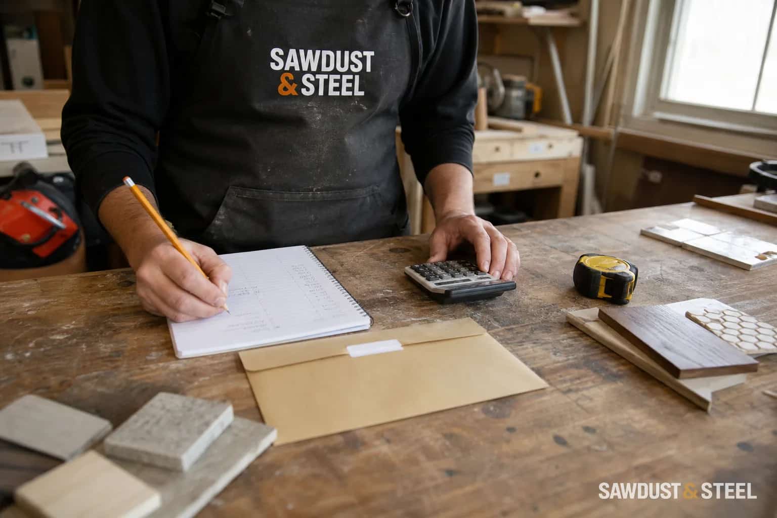 Renovation budget, calculator, and material samples on a work table