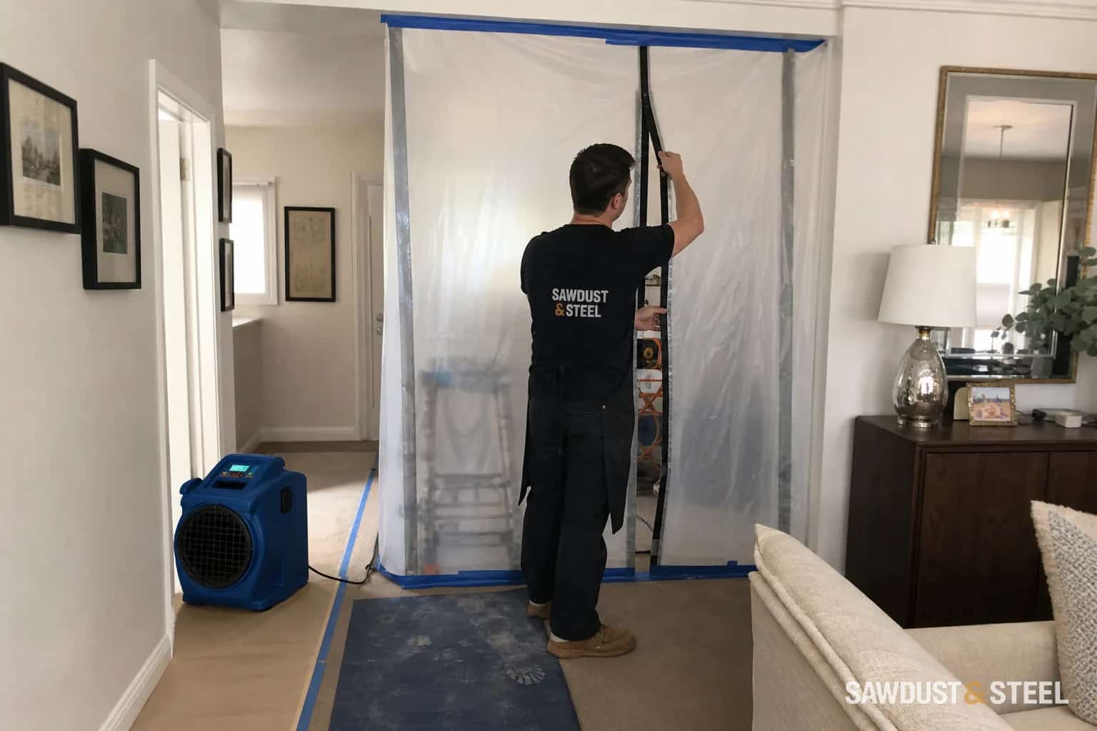 Zippered dust wall beside a portable air scrubber