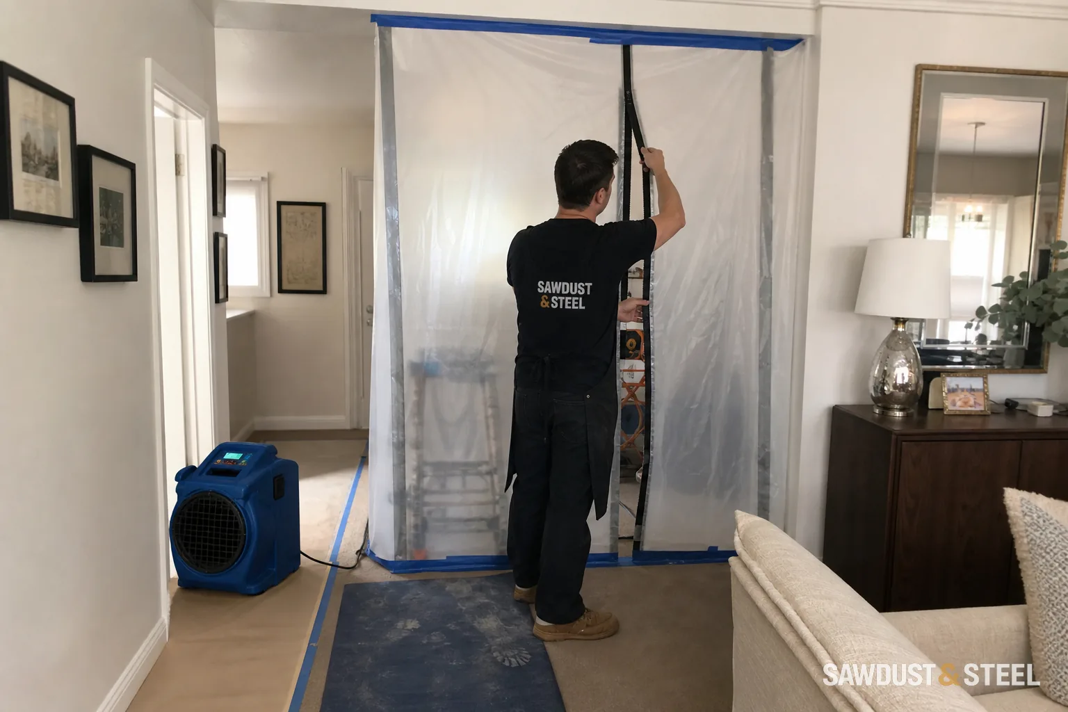 Zippered dust wall beside a portable air scrubber
