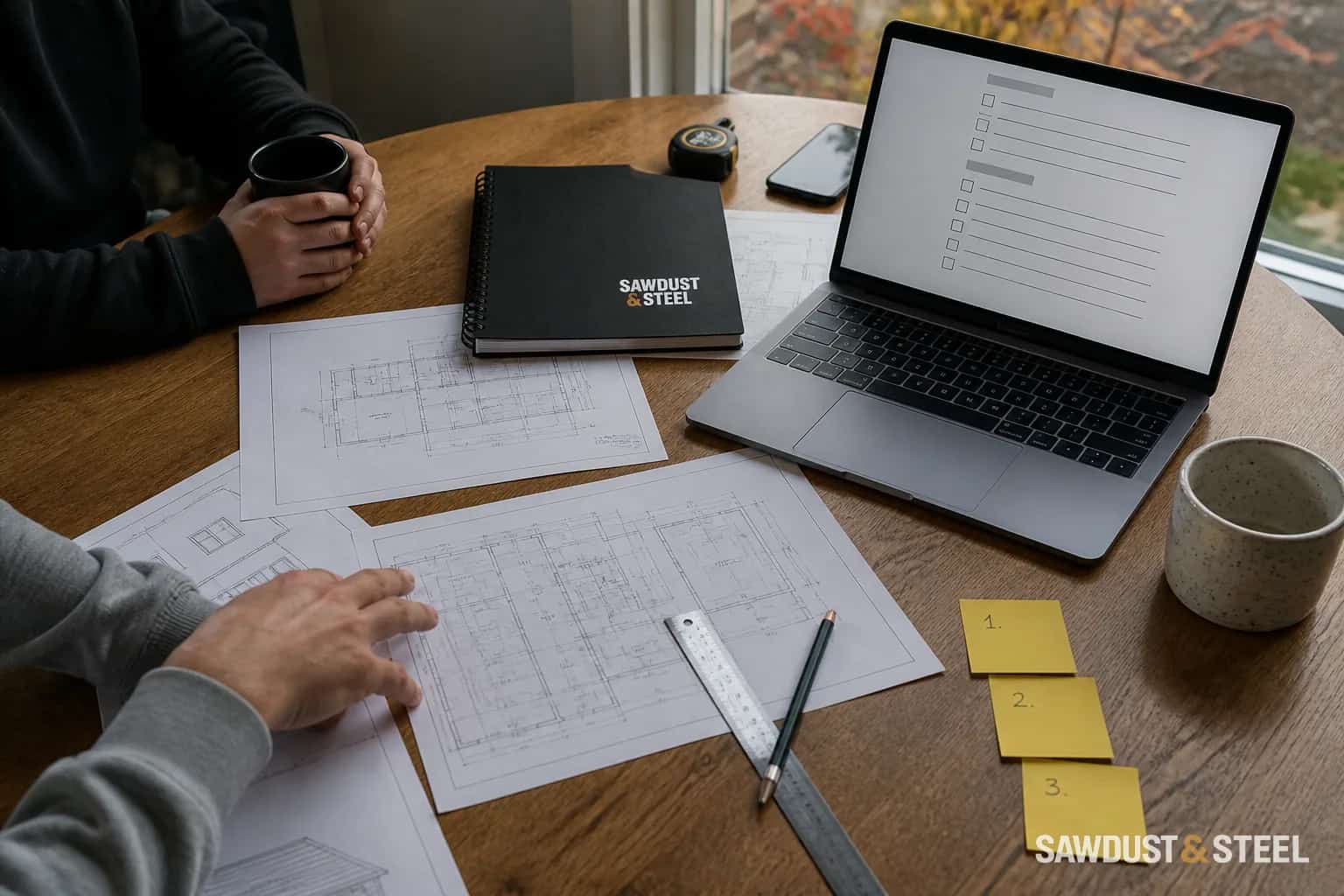 Editorial image of renovation permit drawings and a calendar on a worktable