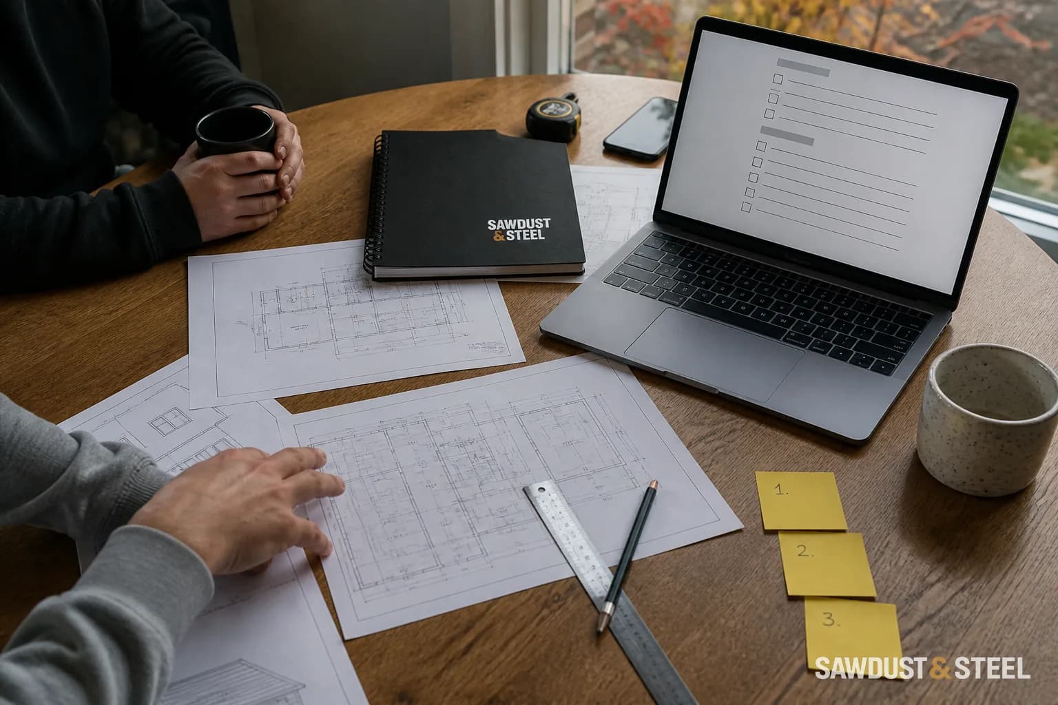 Editorial image of renovation permit drawings and a calendar on a worktable