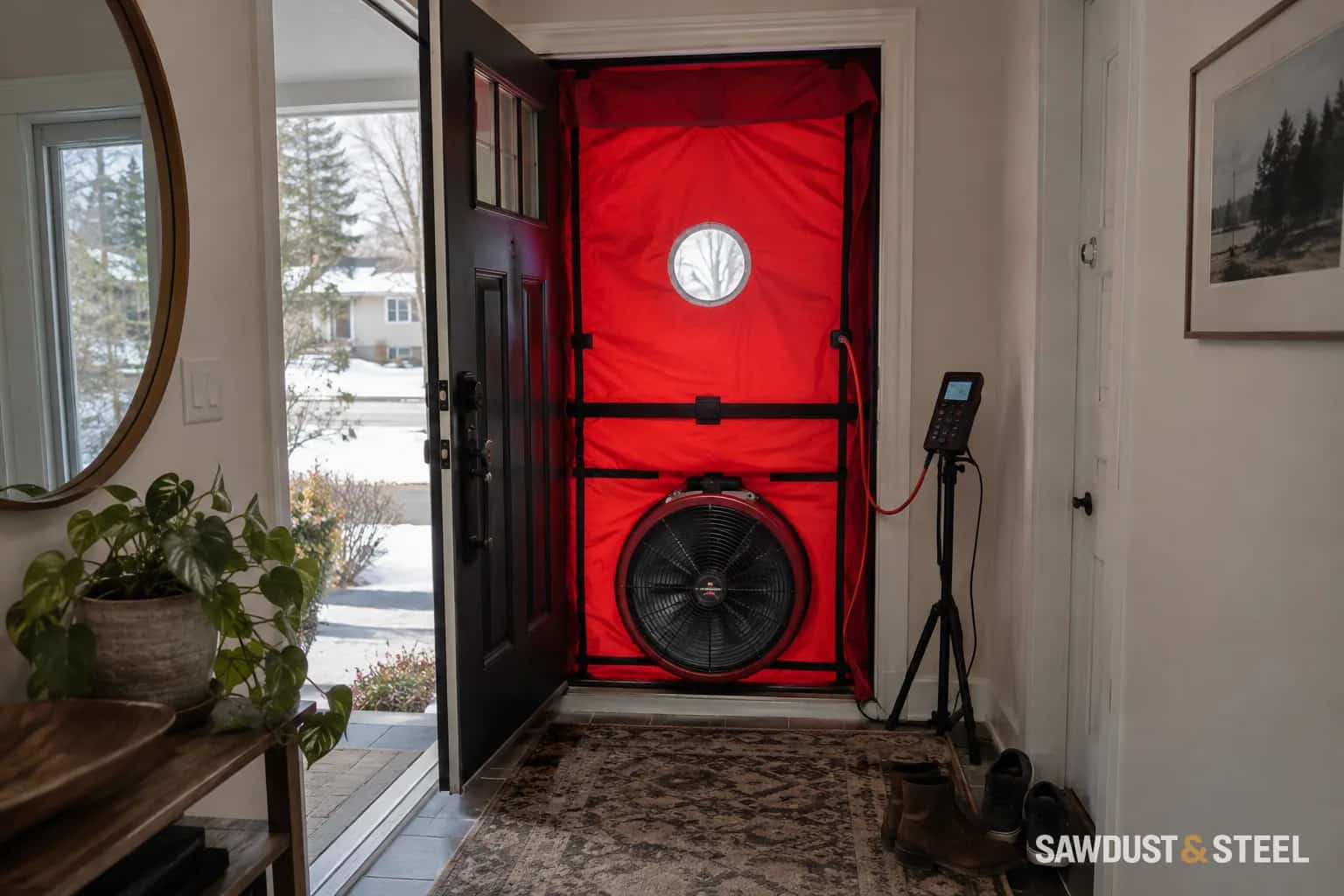 Blower-door fan and red fabric panel fitted in a front doorway