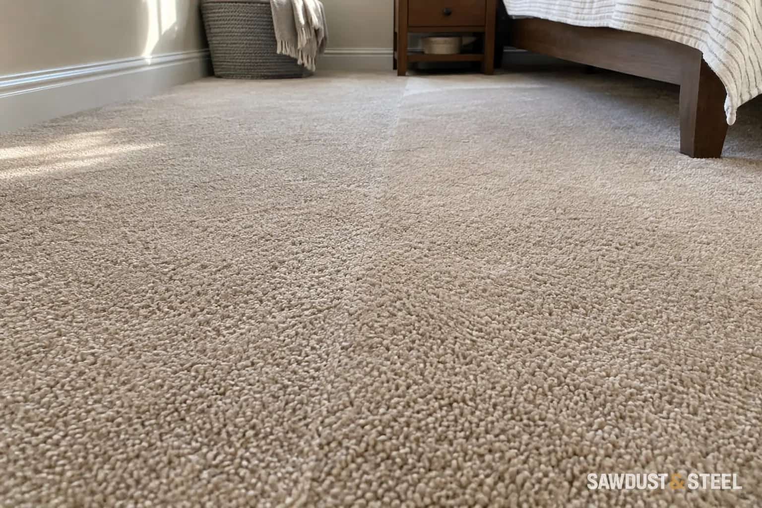 Textured bedroom carpet pile with a straight join visible in side light