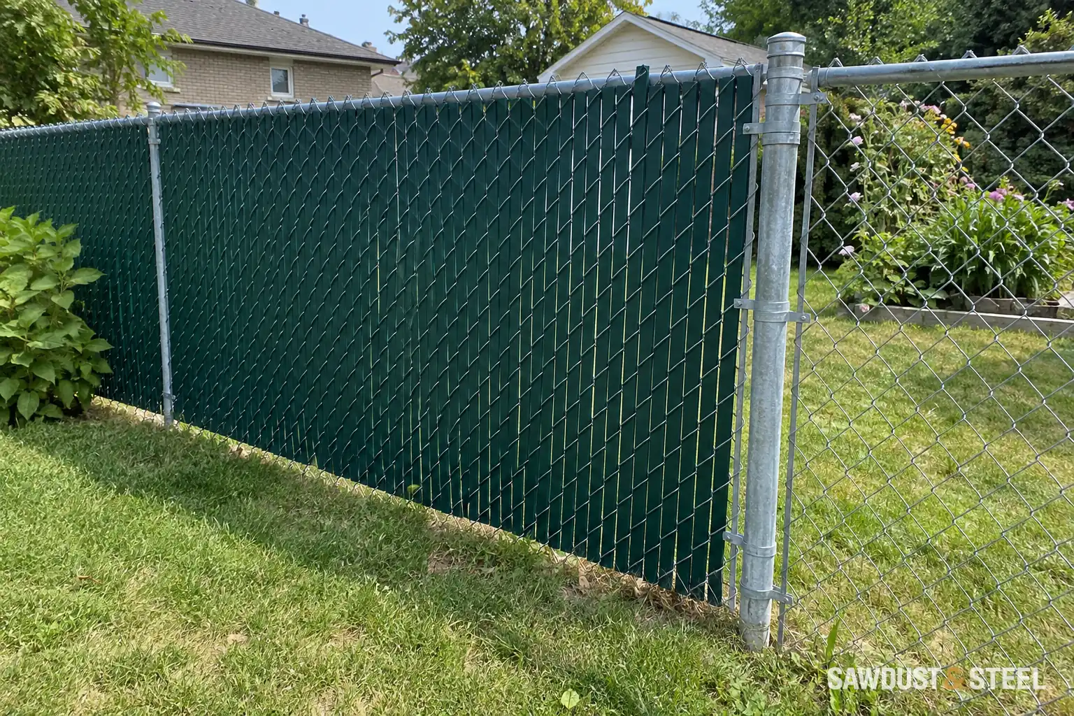 Chain-link fence with privacy slats beside an open section.