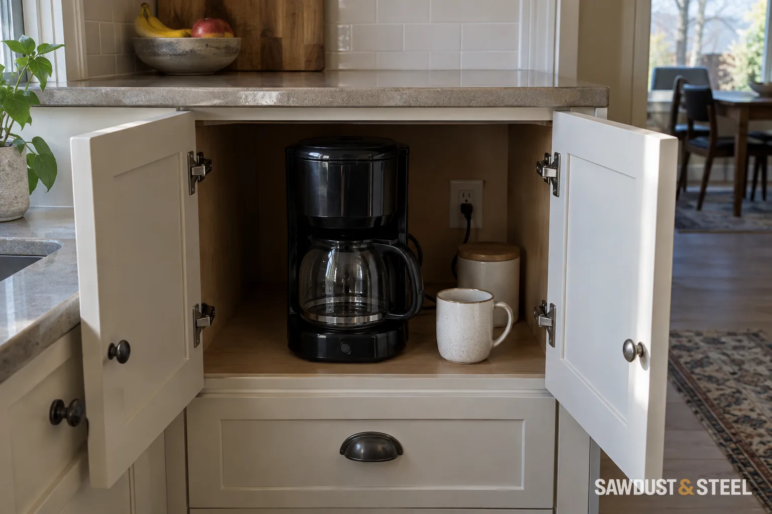 Drip coffee maker stored inside a cabinet with both doors open