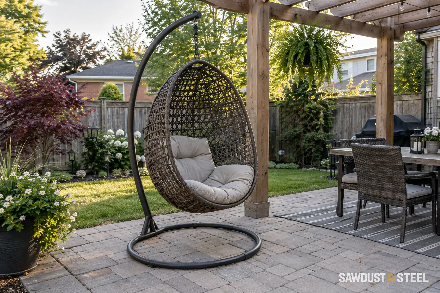 Empty hanging chair on its own freestanding metal support beside a pergola
