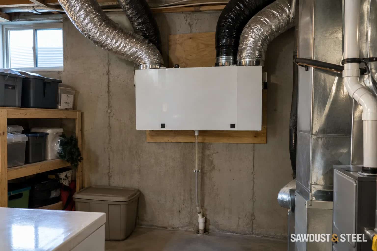 Wall-mounted ventilation unit with insulated ducts in a basement utility area.
