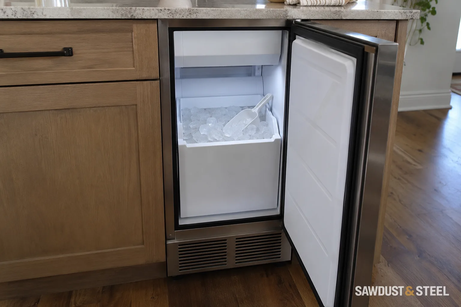 Open undercounter ice maker with an ice bin, scoop and lower ventilation grille