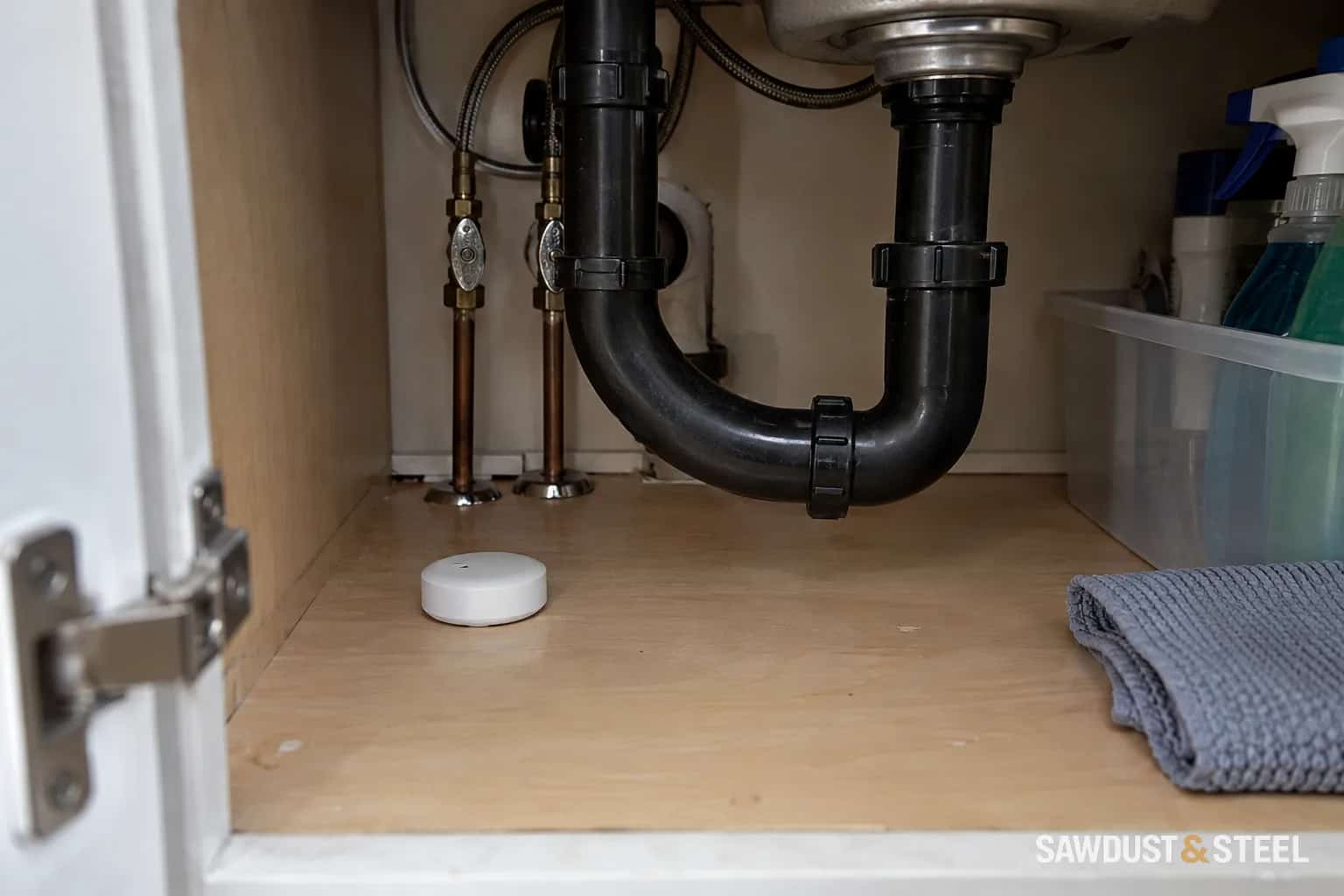 Small leak-sensor puck on the dry cabinet floor beneath a kitchen sink
