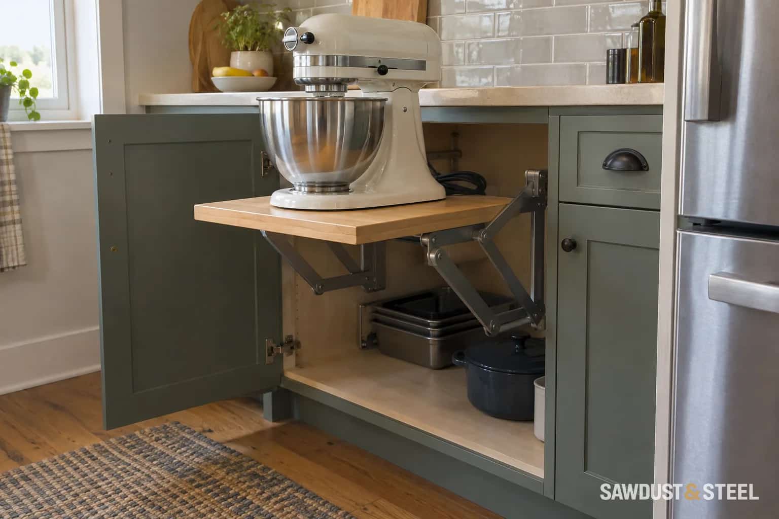 Stand mixer on a raised wooden cabinet lift shelf with metal support arms