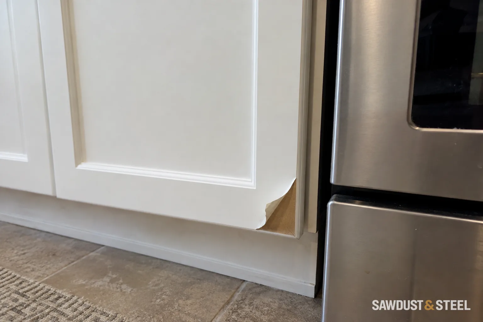 White cabinet-door film peeling at the lower corner beside a range