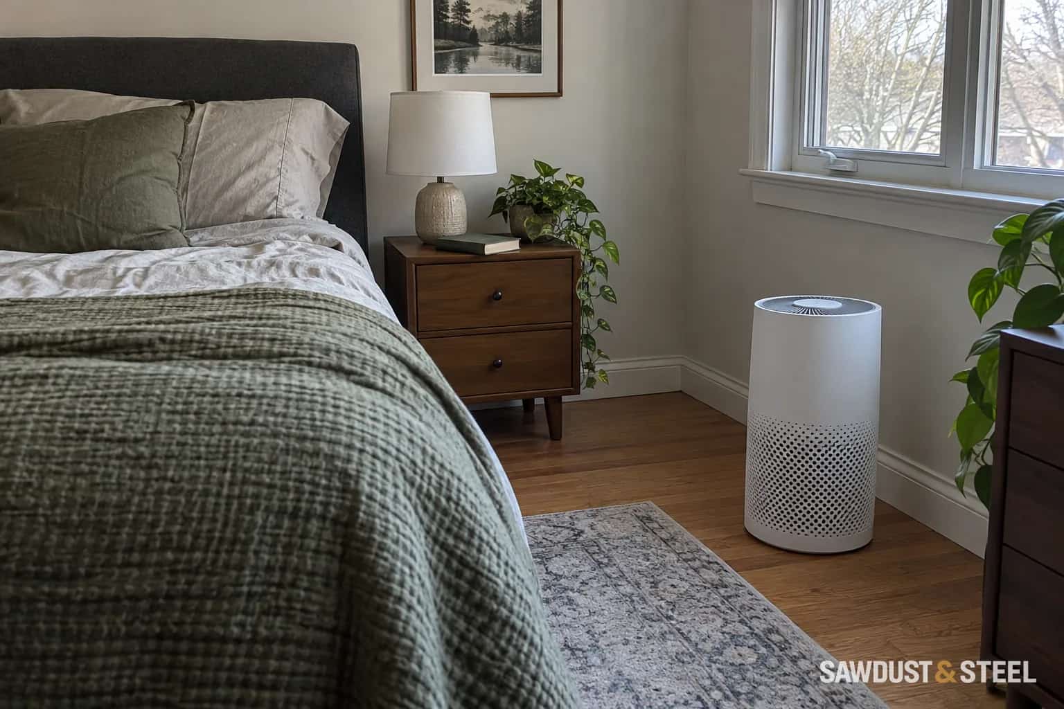 Portable air cleaner standing clear of furniture in a bedroom