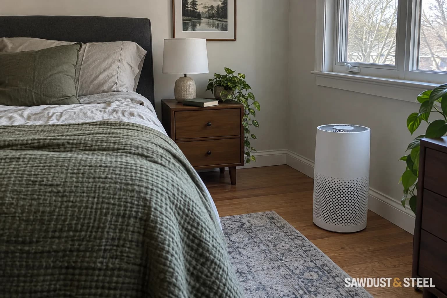 Portable air cleaner standing clear of furniture in a bedroom