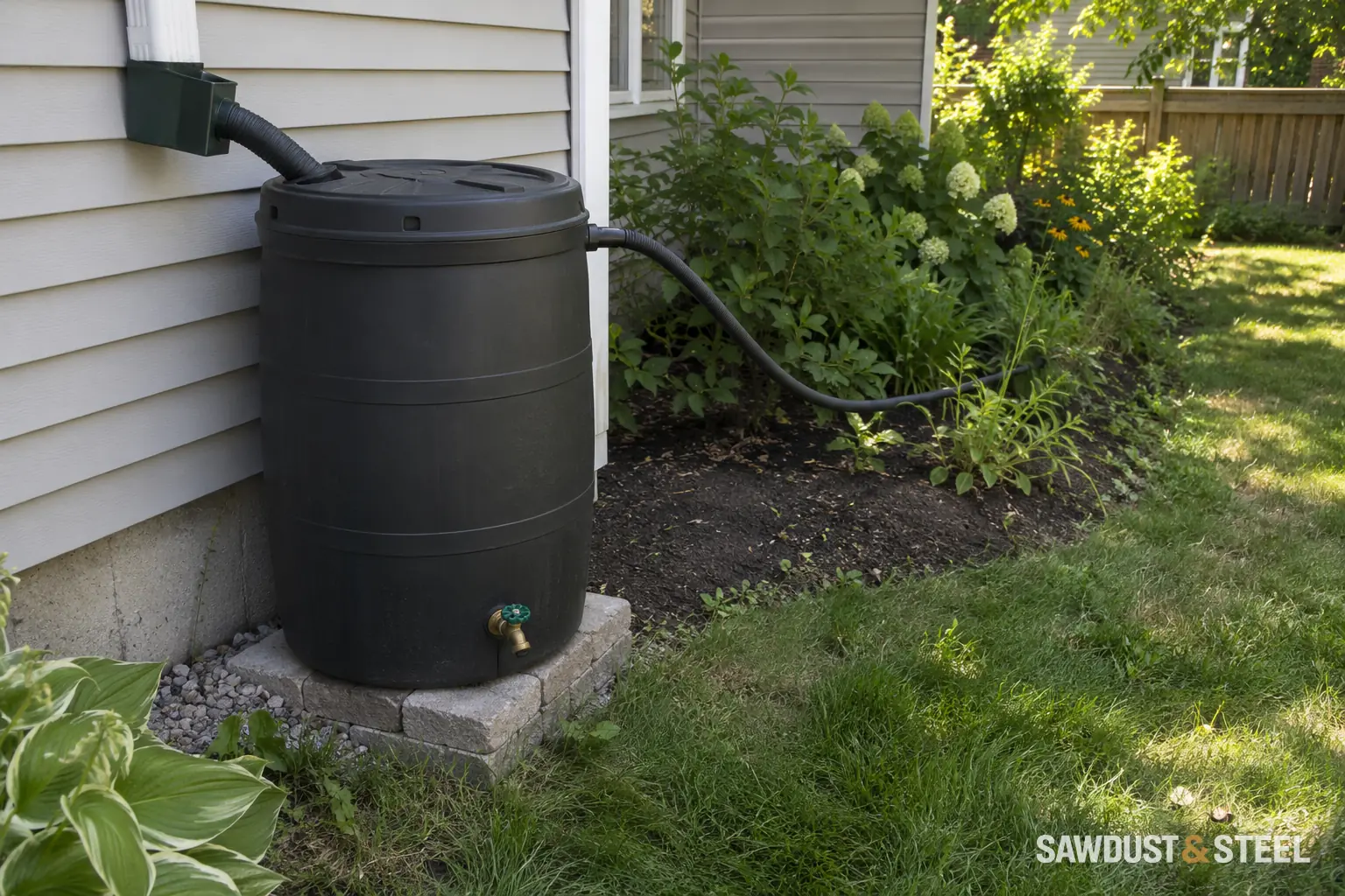 Lidded rain barrel with a downspout feed, upper overflow hose and lower tap