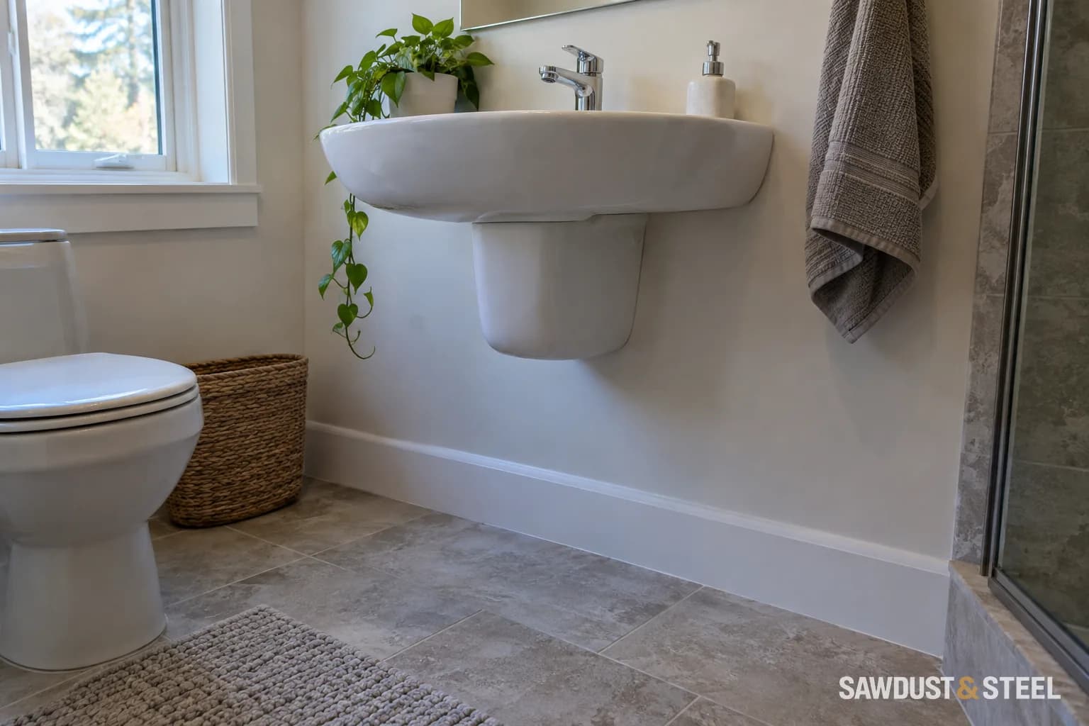 Wall-hung basin with open floor beneath and a compact plumbing cover