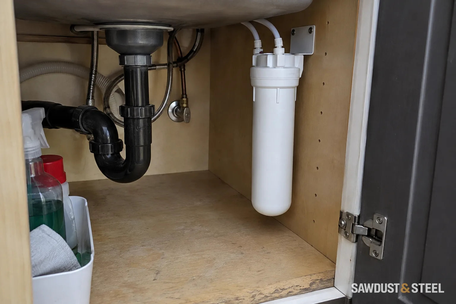 White cylindrical water filter mounted inside a sink cabinet above a clear floor area