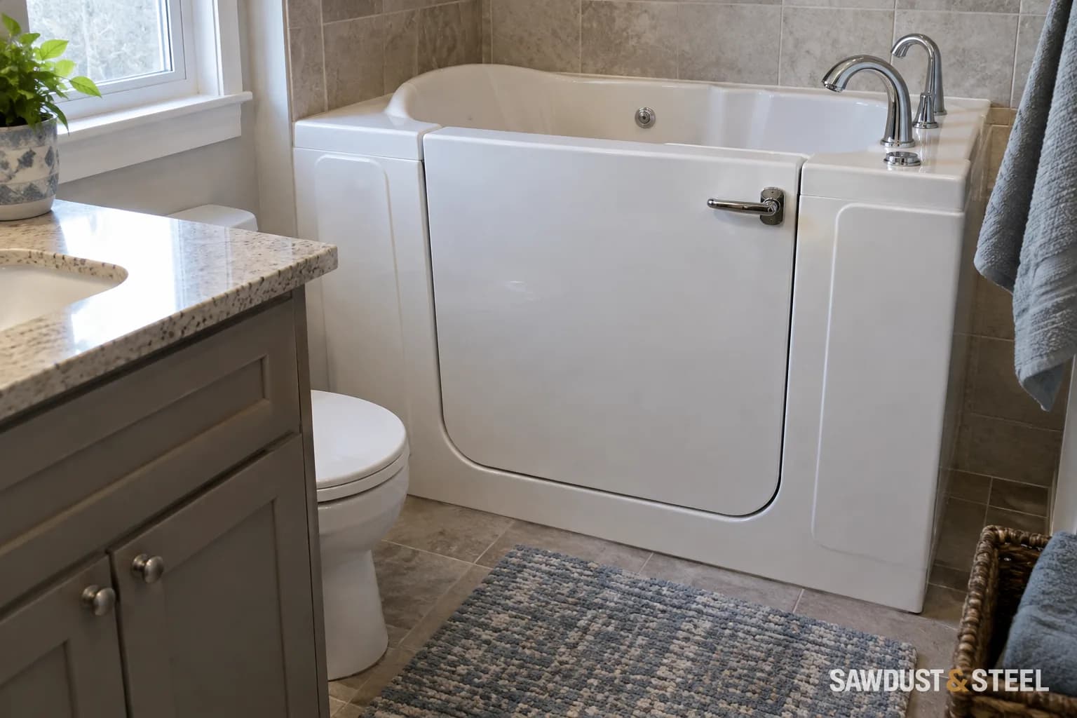 White walk-in bathtub with a closed side-entry door and chrome fixtures