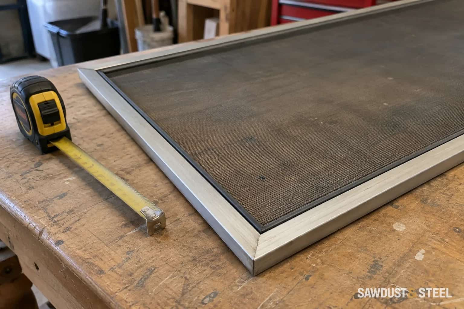 Aluminum window screen frame and mesh laid flat on a workbench