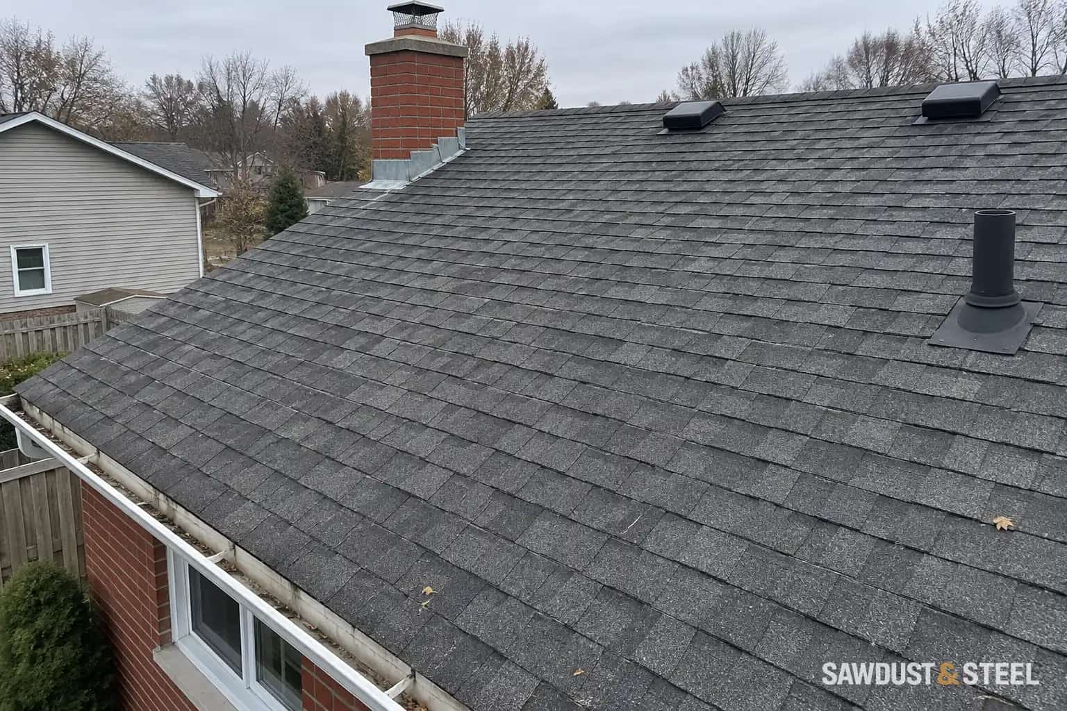 Grey asphalt shingles with subtle weathering around a brick chimney, box vents and a plumbing vent.