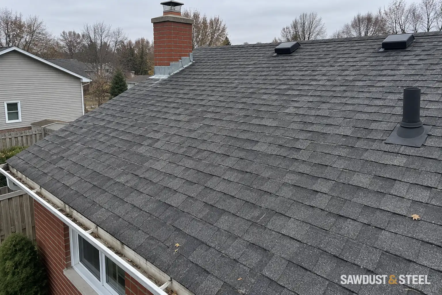 Shingle roof with a chimney and several penetrations before any solar array
