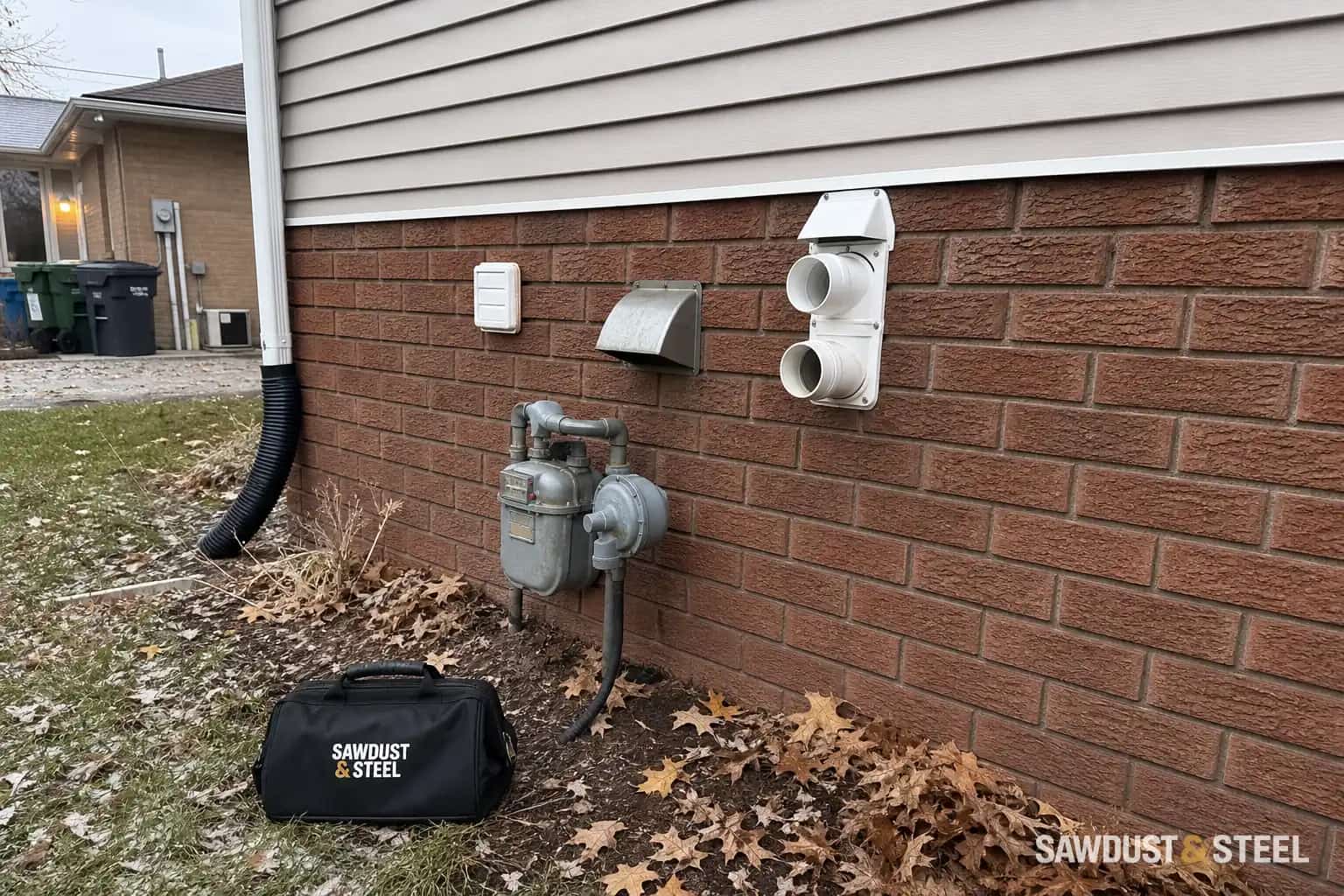 Editorial view of several distinct utility pipes and vent caps on an ordinary house wall