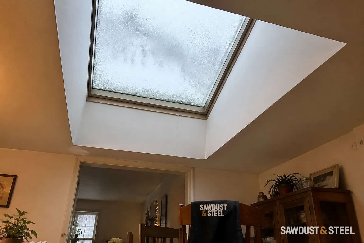 Editorial interior view of condensation droplets on a residential skylight during winter